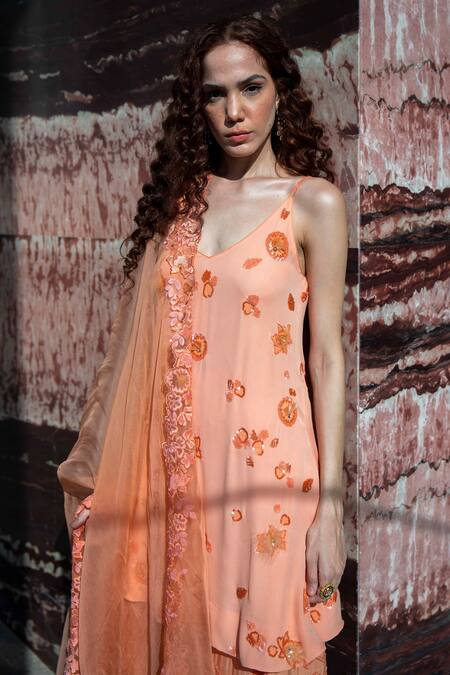 Labbada_Orange Dupatta Organza, Kurta Double Georgette, Skirt Embroidered Set_at_Aza_Fashions