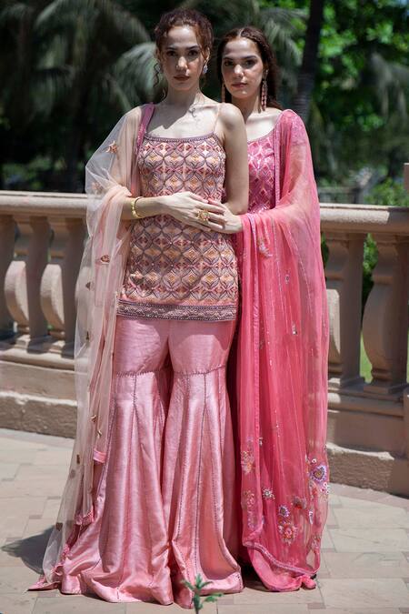 Shop_Labbada_Pink Kurta And Dupatta Tulle, Sharara Art Dupion Floral Square Embroidered Set_Online_at_Aza_Fashions