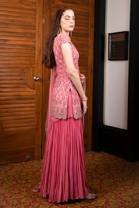 Labbada_Pink Dupatta Organza, Gharara Viscose Georgette, Kurta Embroidered Set_Online_at_Aza_Fashions