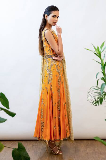 Labbada Yellow Kurta Chanderi Pant Cotton Round Embroidered Anarkali Set Online at Aza Fashions Labbada_Yellow Kurta Chanderi Pant Cotton Round Embroidered Anarkali Set_Online_at_Aza_Fashions