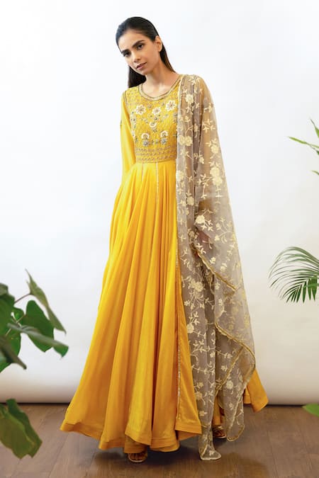 Labbada Yellow Kurta Chanderi  Dupatta Cotton Embroidered Anarkali With 