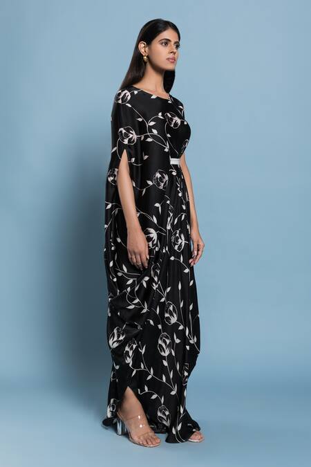Vedika M_Black Satin Floral Round Print Dress_Online_at_Aza_Fashions