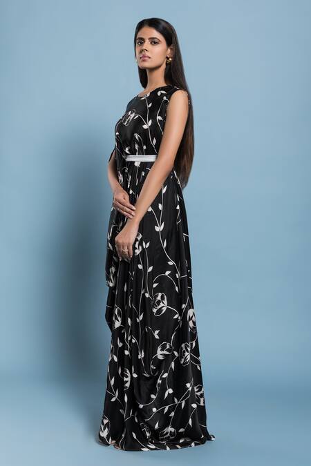 Shop_Vedika M_Black Satin Floral Round Print Dress_Online_at_Aza_Fashions