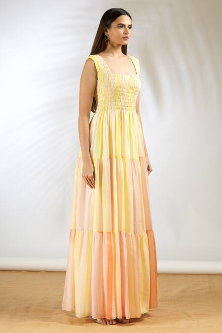 Shop_Vedika M_Yellow Crepe Tiered Maxi Dress_Online_at_Aza_Fashions