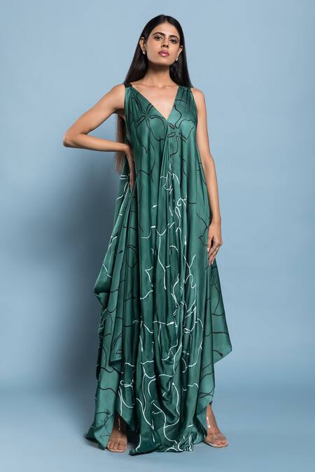 Buy_Vedika M_Green Silk Floral V Neck Printed Dress_Online_at_Aza_Fashions