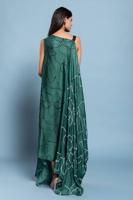 Shop_Vedika M_Green Silk Floral V Neck Printed Dress_at_Aza_Fashions
