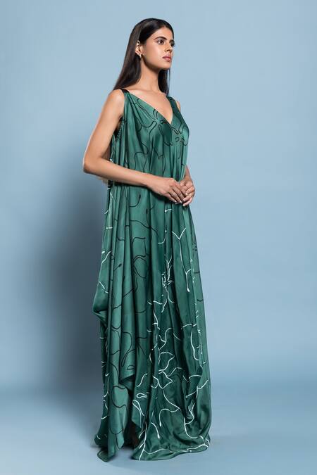 Vedika M_Green Silk Floral V Neck Printed Dress_Online_at_Aza_Fashions