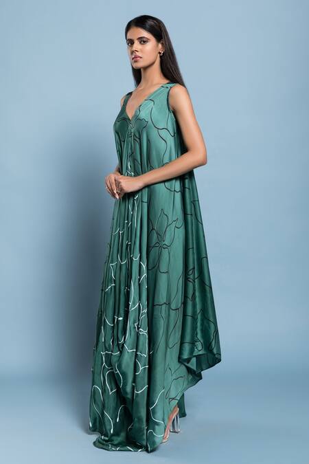 Shop_Vedika M_Green Silk Floral V Neck Printed Dress_Online_at_Aza_Fashions