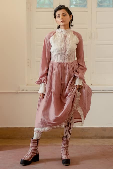 Buy_The Loom Art_Pink Chanderi Organza Silk High Neck Smocked Dress _Online_at_Aza_Fashions