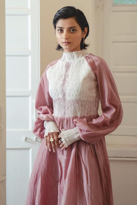 Shop_The Loom Art_Pink Chanderi Organza Silk High Neck Smocked Dress _Online_at_Aza_Fashions