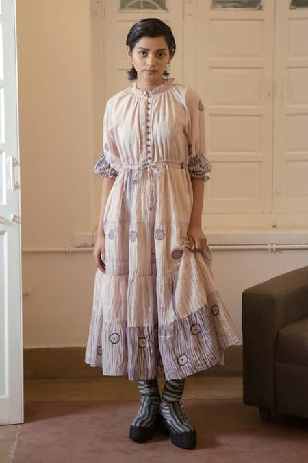 The Loom Art Pink Handwoven Cotton Silk Embroidered Round Tiered Shibori Dress  