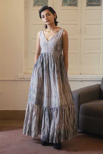 The Loom Art_Peach Handwoven Cotton Silk V Neck Tiered Sleeveless Dress _Online_at_Aza_Fashions