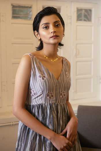 Shop_The Loom Art_Peach Handwoven Cotton Silk V Neck Tiered Sleeveless Dress _Online_at_Aza_Fashions