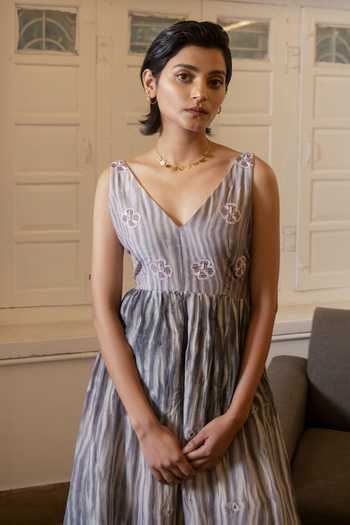 The Loom Art_Peach Handwoven Cotton Silk V Neck Tiered Sleeveless Dress _at_Aza_Fashions