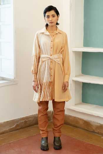 The Loom Art Yellow Chanderi , Cotton Collared Neck Shibori Tie-up Longline Top Online at Aza Fashions The Loom Art_Yellow Chanderi , Cotton Collared Neck Shibori Tie-up Longline Top _Online_at_Aza_Fashions