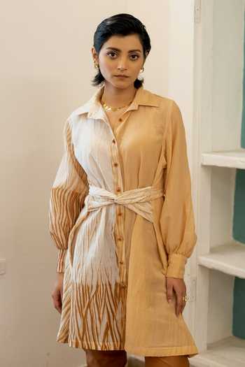 Buy The Loom Art Yellow Chanderi , Cotton Collared Neck Shibori Tie-up Longline Top Online at Aza Fashions Buy_The Loom Art_Yellow Chanderi , Cotton Collared Neck Shibori Tie-up Longline Top _Online_at_Aza_Fashions
