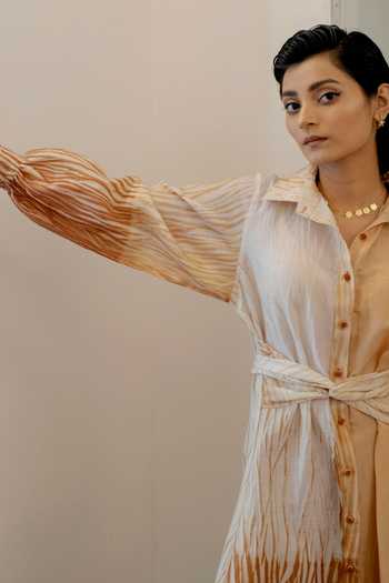 Shop The Loom Art Yellow Chanderi , Cotton Collared Neck Shibori Tie-up Longline Top Online at Aza Fashions Shop_The Loom Art_Yellow Chanderi , Cotton Collared Neck Shibori Tie-up Longline Top _Online_at_Aza_Fashions