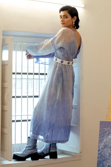 The Loom Art_Blue Chanderi Organza Silk V Neck Handwoven Shibori Dress _Online_at_Aza_Fashions