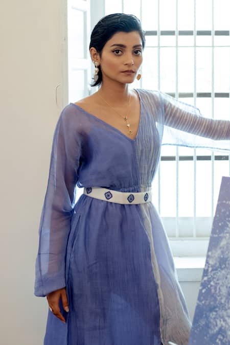 Buy_The Loom Art_Blue Chanderi Organza Silk V Neck Handwoven Shibori Dress _Online_at_Aza_Fashions