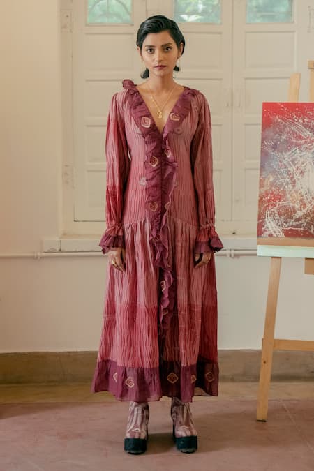 The Loom Art_Maroon Handwoven Cotton Silk V Neck Shibori Frill Dress _Online_at_Aza_Fashions