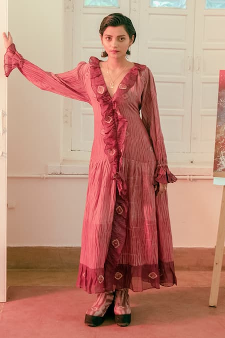 Buy_The Loom Art_Maroon Handwoven Cotton Silk V Neck Shibori Frill Dress _Online_at_Aza_Fashions