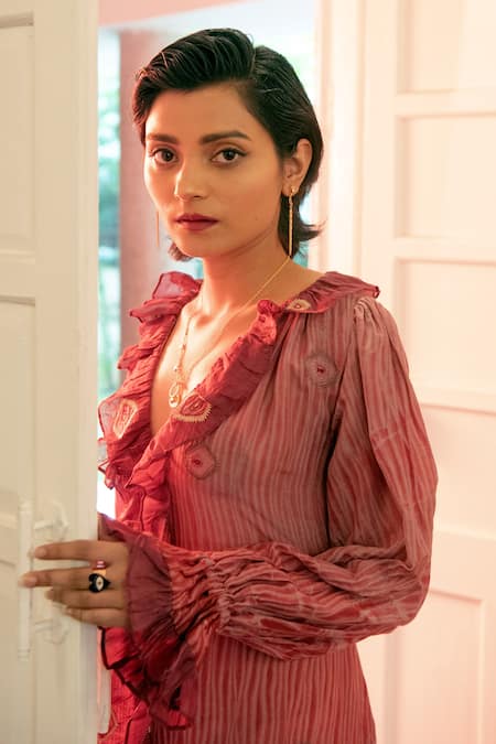 Shop_The Loom Art_Maroon Handwoven Cotton Silk V Neck Shibori Frill Dress _Online_at_Aza_Fashions