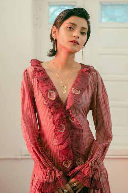 The Loom Art_Maroon Handwoven Cotton Silk V Neck Shibori Frill Dress _at_Aza_Fashions