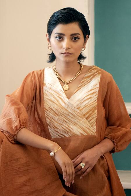 Shop_The Loom Art_Beige Chanderi Organza Silk V Neck Shibori Yoke Kaftan _Online_at_Aza_Fashions