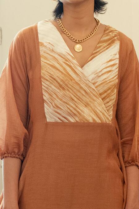 The Loom Art_Beige Chanderi Organza Silk V Neck Shibori Yoke Kaftan _at_Aza_Fashions