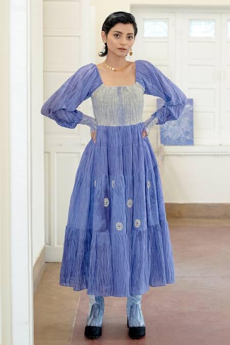 The Loom Art_Blue Handwoven Cotton Silk Geometric Motifs Square Neck Tiered Shibori Dress _Online_at_Aza_Fashions