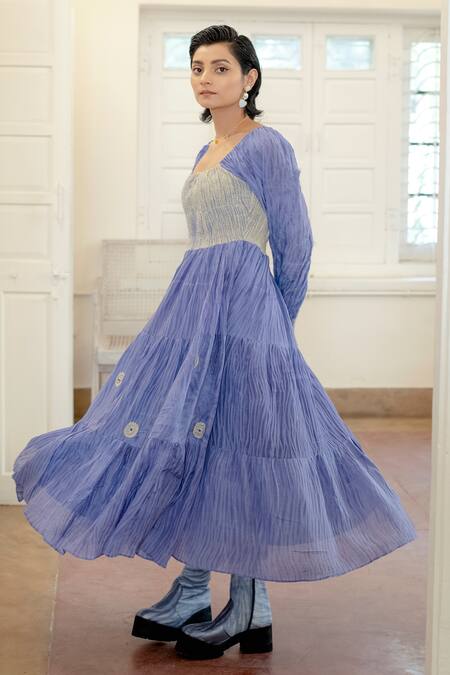 Shop_The Loom Art_Blue Handwoven Cotton Silk Geometric Motifs Square Neck Tiered Shibori Dress _Online_at_Aza_Fashions