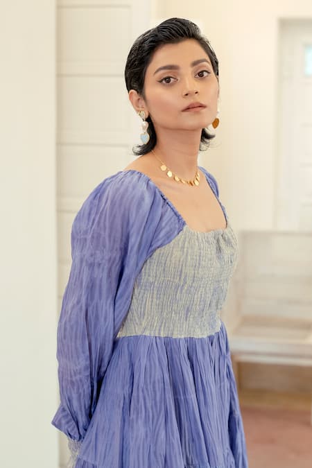 The Loom Art_Blue Handwoven Cotton Silk Geometric Motifs Square Neck Tiered Shibori Dress _at_Aza_Fashions