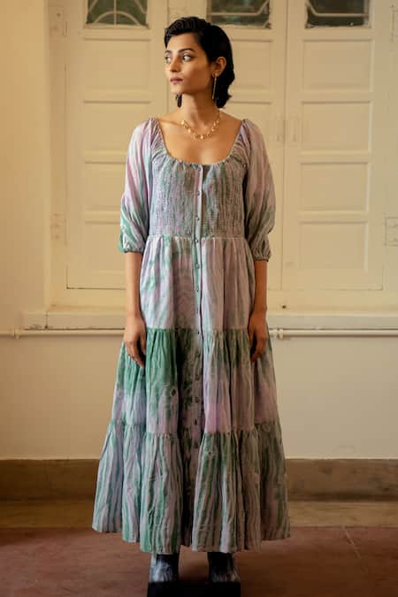 The Loom Art_Purple Handwoven Cotton Silk Square Neck Tiered Maxi Dress _Online_at_Aza_Fashions