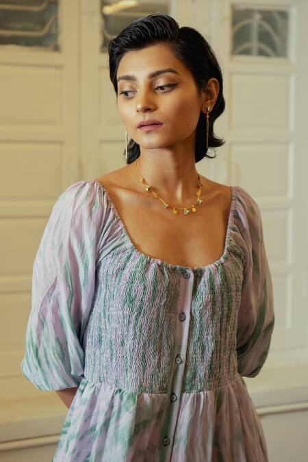 Buy_The Loom Art_Purple Handwoven Cotton Silk Square Neck Tiered Maxi Dress _Online_at_Aza_Fashions