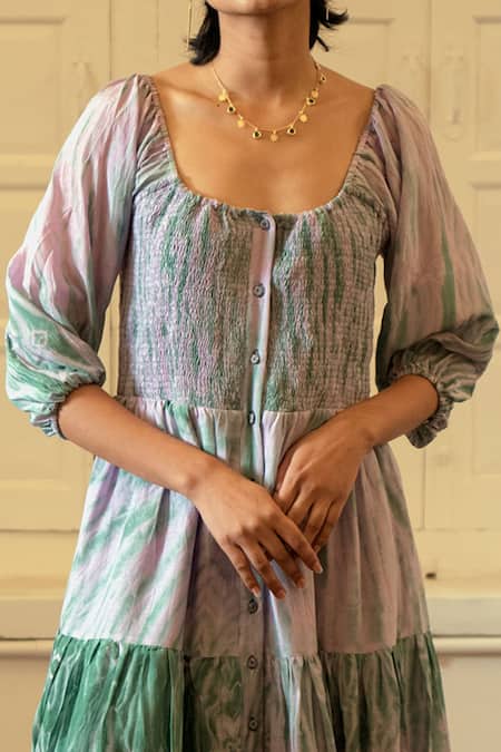 Shop_The Loom Art_Purple Handwoven Cotton Silk Square Neck Tiered Maxi Dress _Online_at_Aza_Fashions