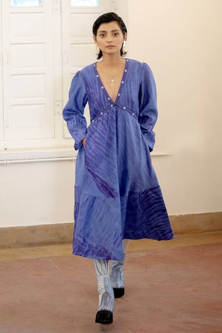 The Loom Art_Blue Handwoven Chanderi Silk V Neck Shibori Tiered Dress _Online_at_Aza_Fashions