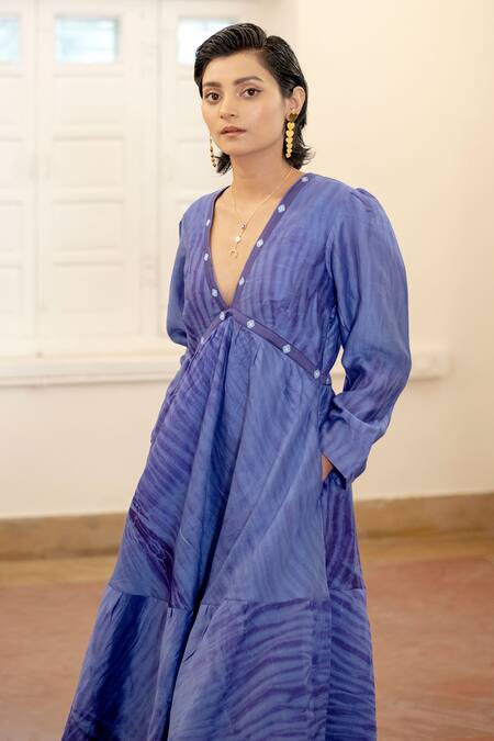 Buy_The Loom Art_Blue Handwoven Chanderi Silk V Neck Shibori Tiered Dress _Online_at_Aza_Fashions