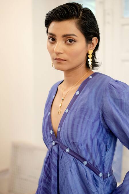 The Loom Art_Blue Handwoven Chanderi Silk V Neck Shibori Tiered Dress _at_Aza_Fashions