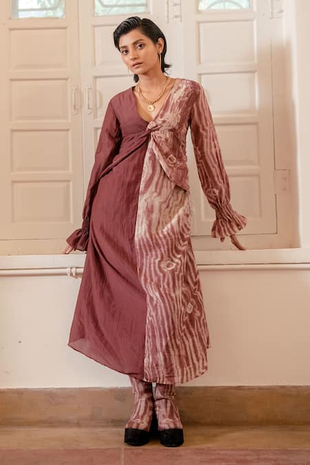 The Loom Art_Beige Handwoven Cotton Silk V Neck Knotted Shibori Dress _Online_at_Aza_Fashions