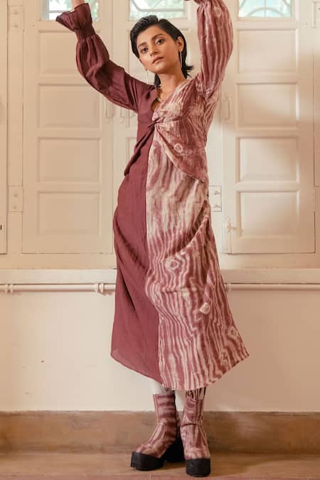 Buy_The Loom Art_Beige Handwoven Cotton Silk V Neck Knotted Shibori Dress _Online_at_Aza_Fashions