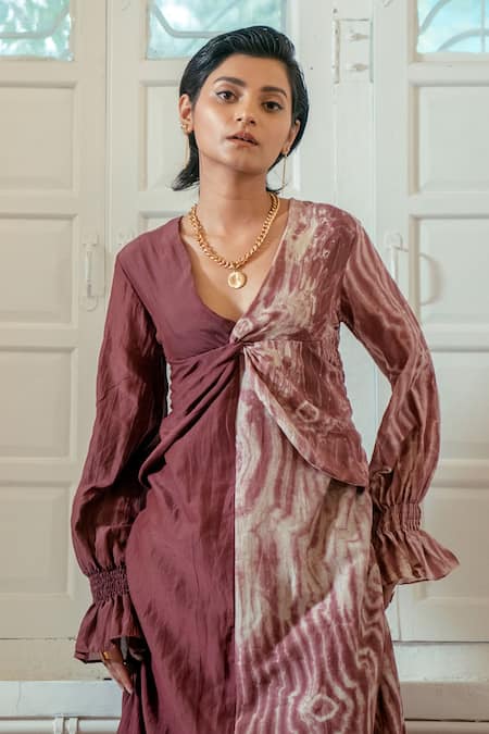 Shop_The Loom Art_Beige Handwoven Cotton Silk V Neck Knotted Shibori Dress _Online_at_Aza_Fashions