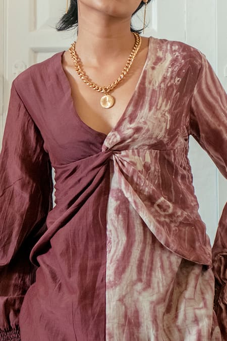 The Loom Art_Beige Handwoven Cotton Silk V Neck Knotted Shibori Dress _at_Aza_Fashions