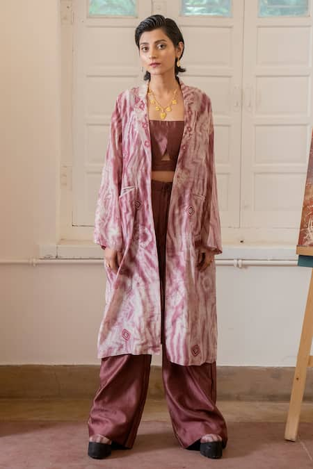 The Loom Art Beige Crop Top And Pant Chanderi Silk Jacket Cotton Shibori & Set  