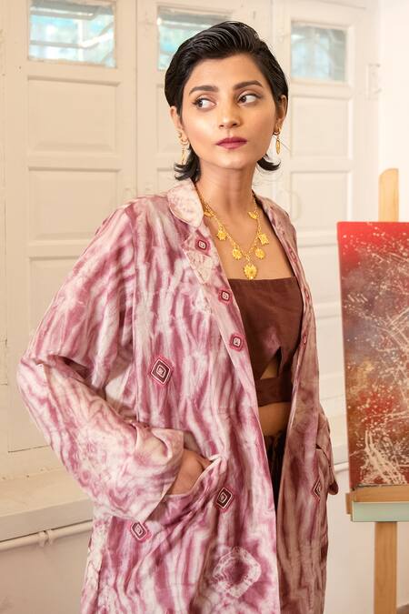 The Loom Art_Beige Top And Pant Chanderi  Jacket Cotton Shibori & Set _Online_at_Aza_Fashions