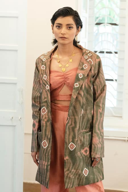 Shop_The Loom Art_Beige Handwoven Chanderi Silk Crop Top Sweetheart Embroidered And Pant Set _Online_at_Aza_Fashions