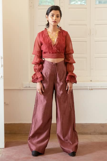 The Loom Art_Red Handwoven Chanderi Silk V Neck Shibori Crop Top _Online_at_Aza_Fashions