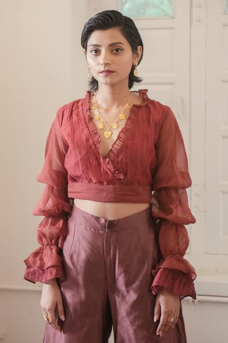 Buy_The Loom Art_Red Handwoven Chanderi Silk V Neck Shibori Crop Top _Online_at_Aza_Fashions
