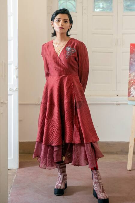 Buy_The Loom Art_Red , Organza Floral Motif V Shibori Layered Dress _Online_at_Aza_Fashions