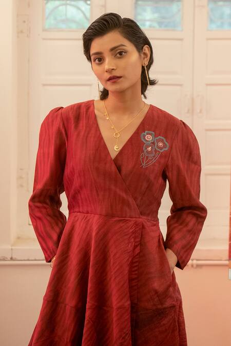 The Loom Art_Red , Organza Floral Motif V Shibori Layered Dress _at_Aza_Fashions