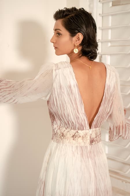 The Loom Art_White Chanderi Organza Silk V Neck Pleated Shibori Dress _at_Aza_Fashions